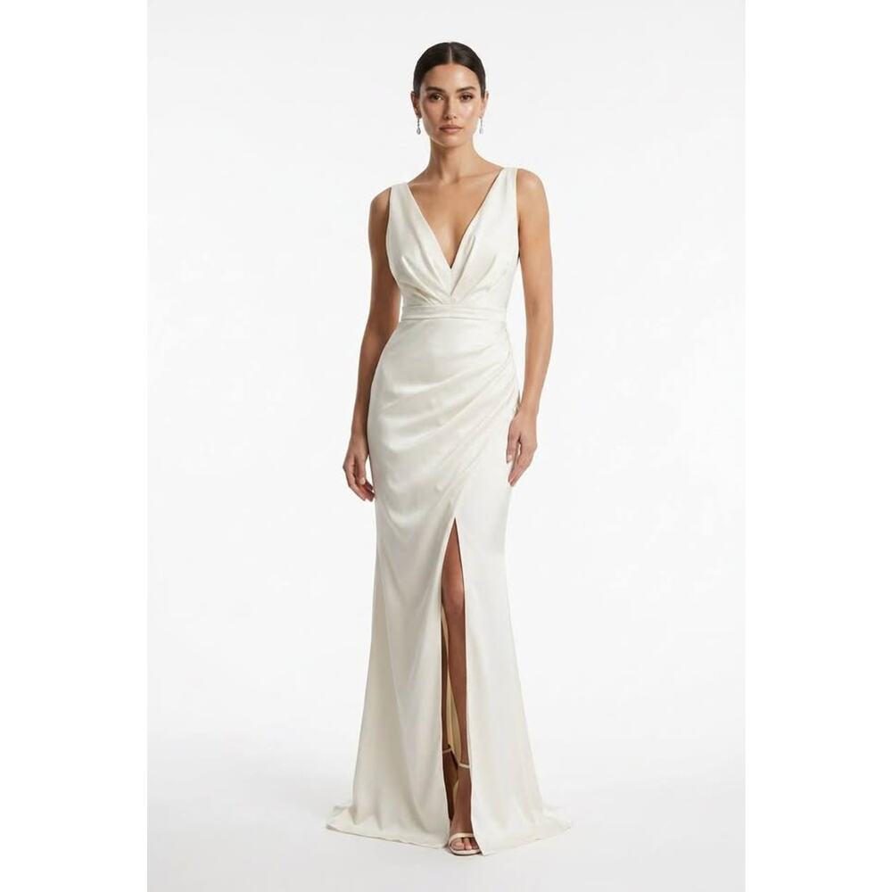Maniju Women’s Small Ivory Draped V Neck Adjustable Strap Gown Dress
